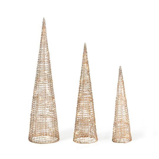 Glitzhome; Glitzhome® Lighted Christmas Champagne Gold Cone Tree Outdoor Décor Set; Category:Christmas Yard Decorations; Image:1